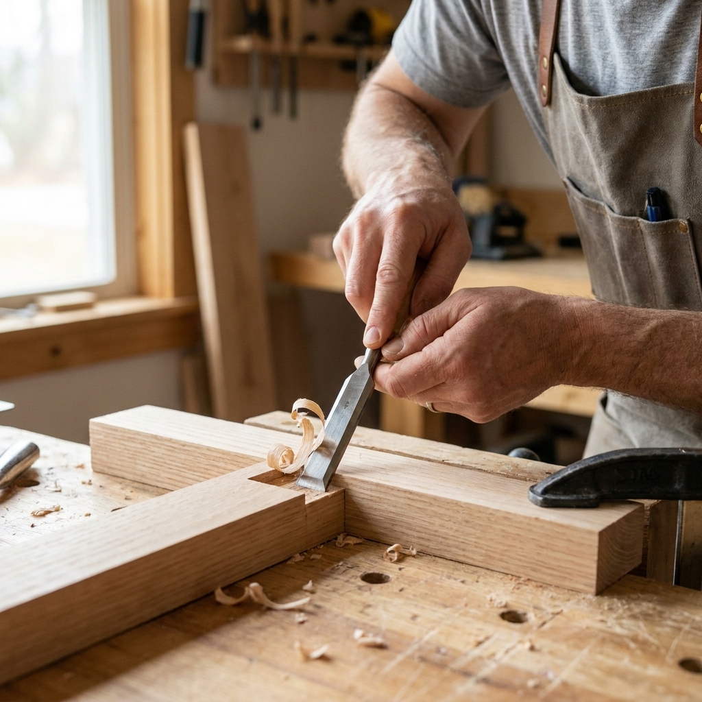 Hands paring the bottom of a half-lap recess with a sharp chisel while the board is clamped to a workbench