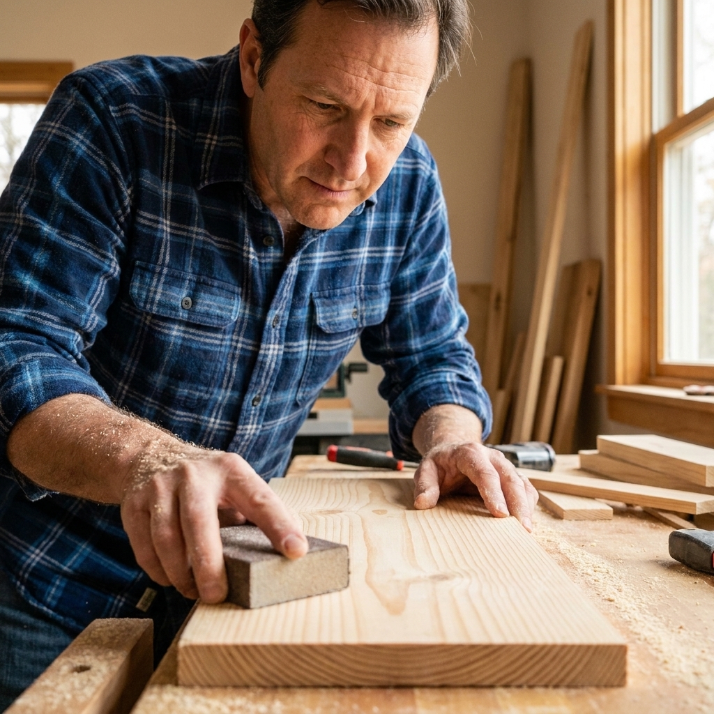 Hands sanding a pine board on a workbench with visible grain and sanding dust.