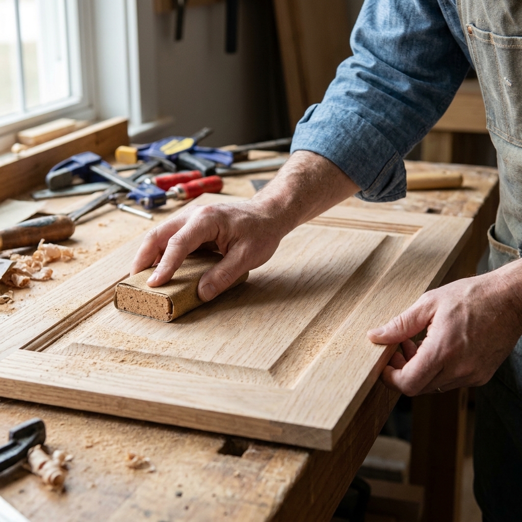 Hands using a cork sanding block to lightly sand a dried, water-popped wood panel on a workbench