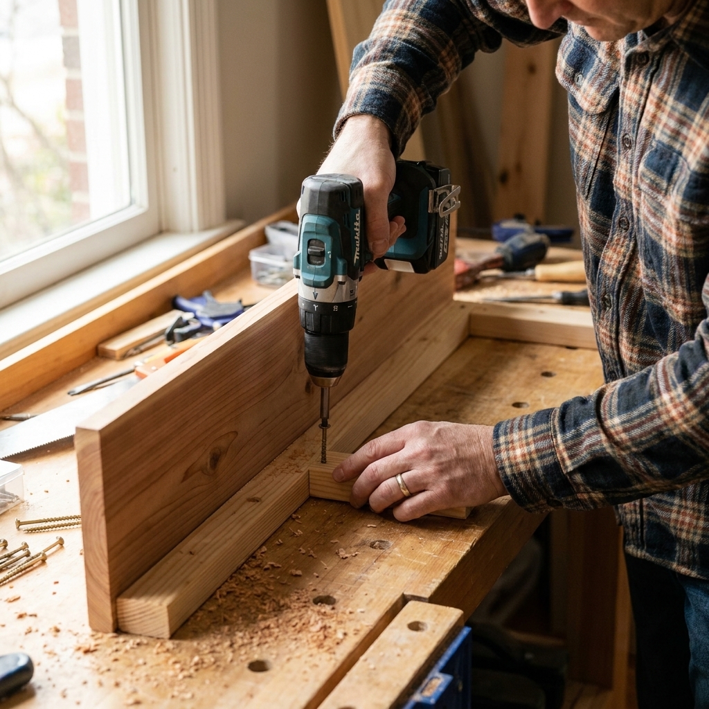 Hands using a drill to attach cedar side boards to an inside 2x2 cleat on a workbench