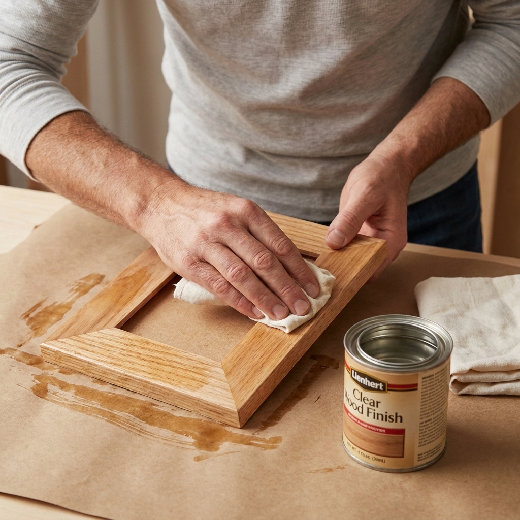 Hands wiping a thin coat of clear finish onto a small wooden picture frame on a protected work surface, with a clean cloth and an open finish can nearby