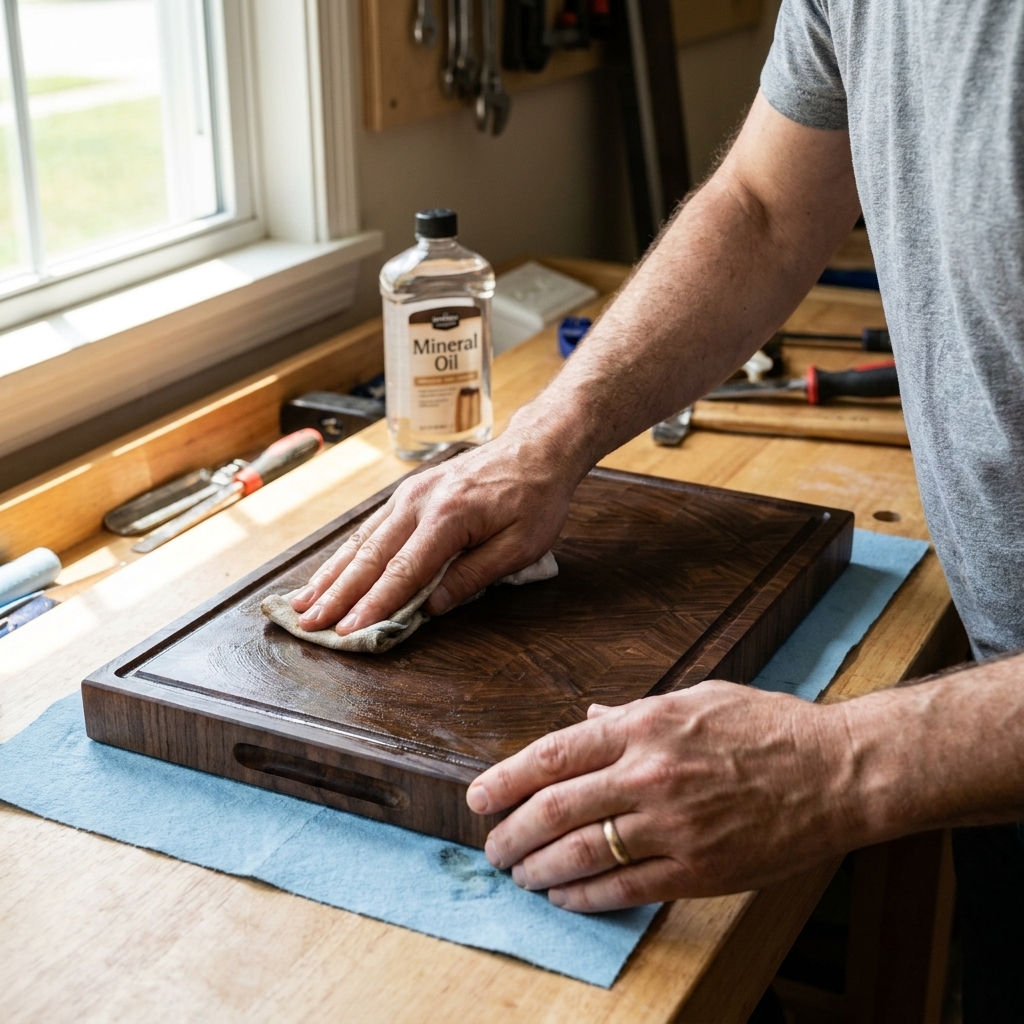 Hands wiping mineral oil onto an end grain cutting board, with the board resting on a shop towel on a workbench