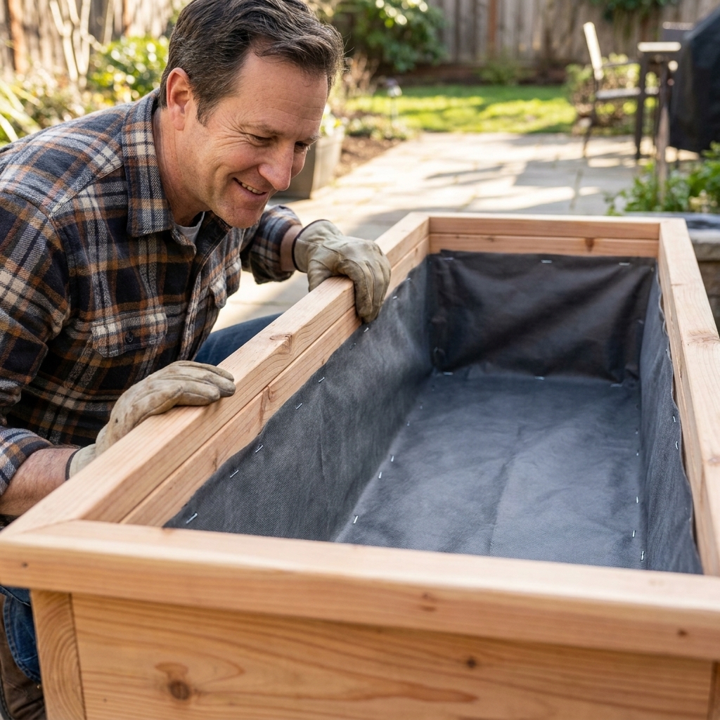 Landscape fabric stapled neatly inside a cedar planter box, covering the bottom and rising up the sides