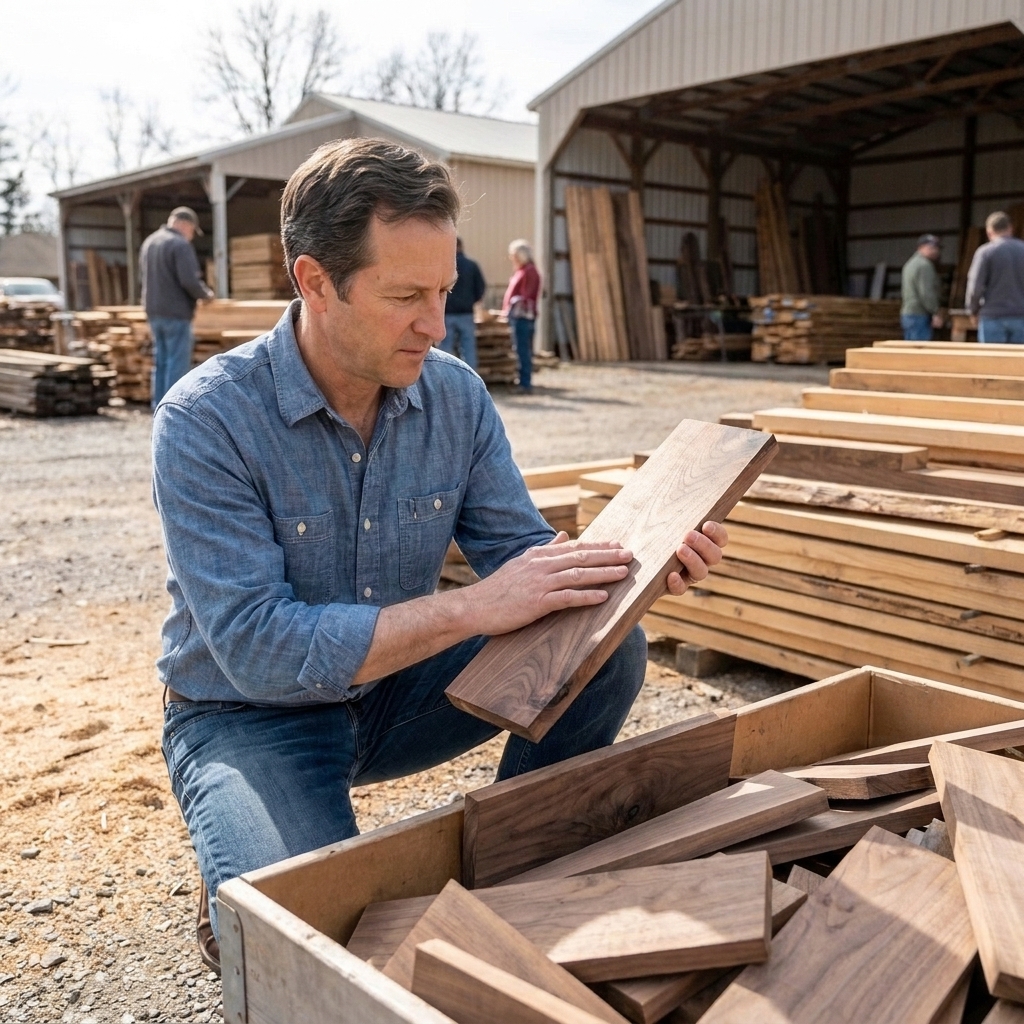 Mark Halden browsing a stack of hardwood offcuts at a local lumber yard, holding a short walnut board and inspecting the grain