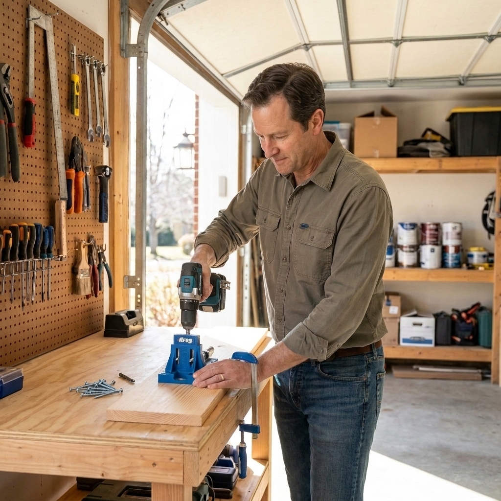 Mark Halden using a pocket-hole jig on a pine board at a workbench, with a drill and a small pile of screws nearby