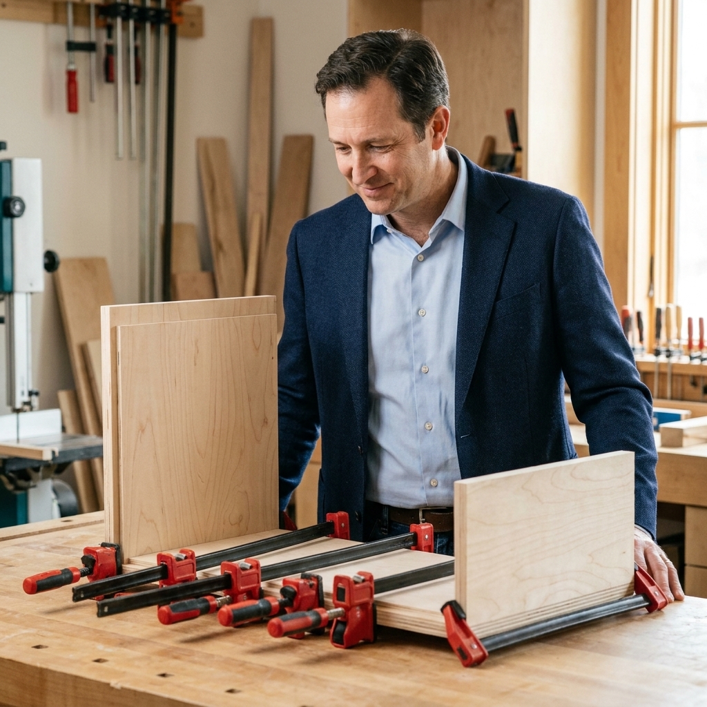 Several F-style bar clamps laid out on a wooden workbench next to a small cabinet panel ready for assembly