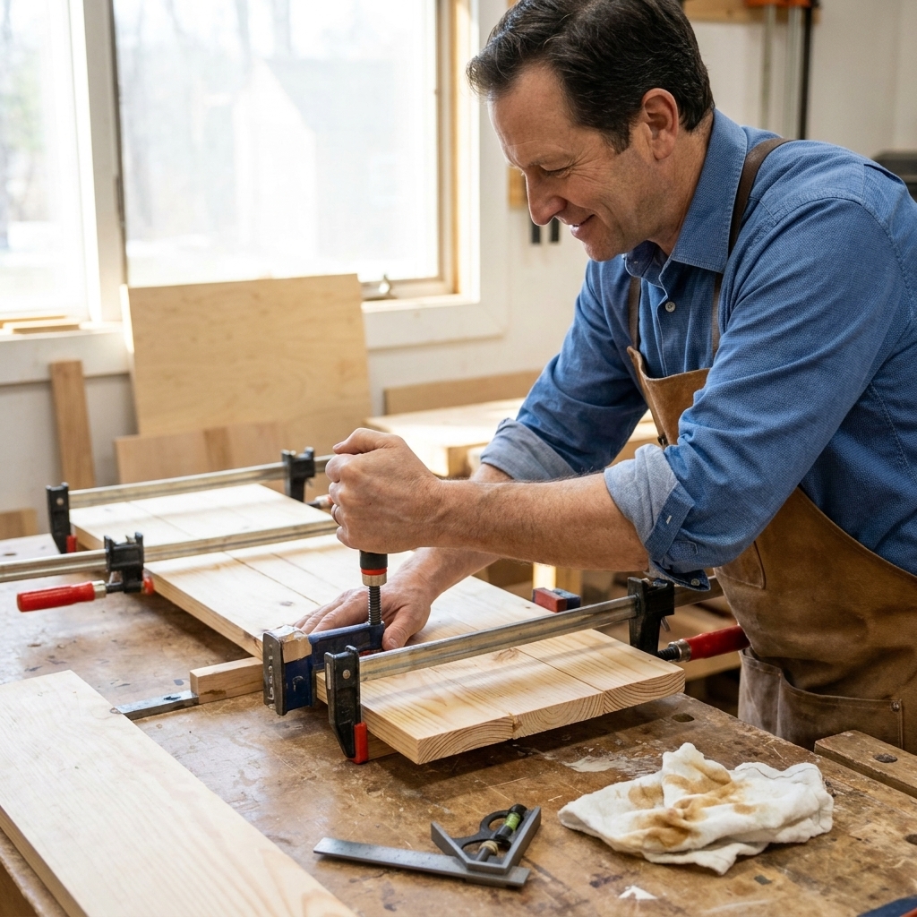 Several bar clamps holding pine boards together on a workbench while glue dries, with a small square and rag nearby