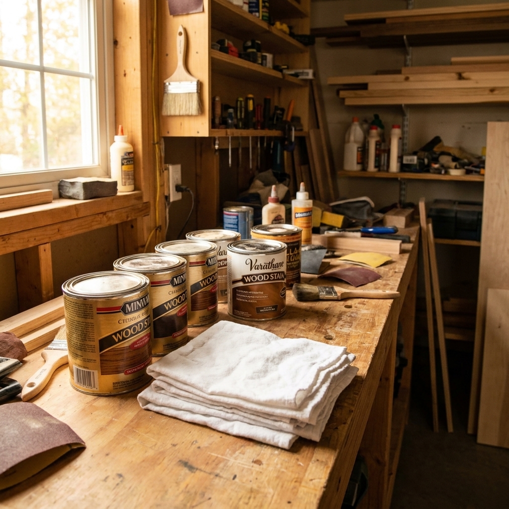 Several cans of wood stain and a pile of clean cotton rags on a wooden workbench in a small garage shop