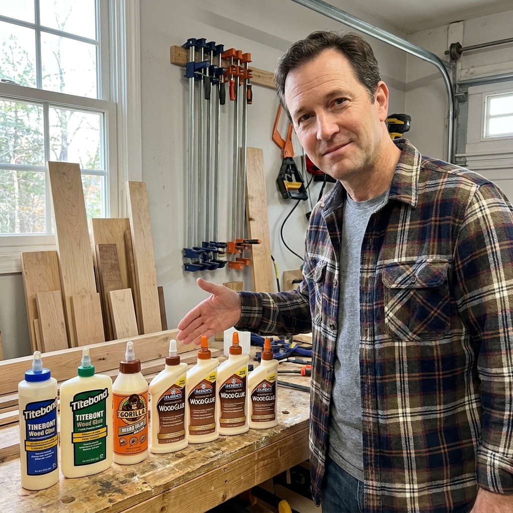 Several different wood glue bottles lined up on a garage workbench with scrap boards and clamps in the background, showing common glue options for beginners