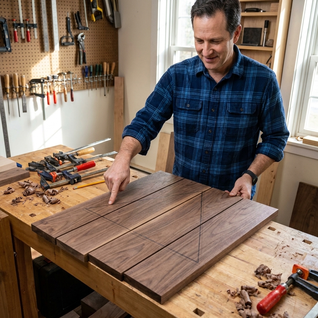 Several hardwood boards laid side by side on a workbench with a pencil triangle marked across them to keep the glue-up order