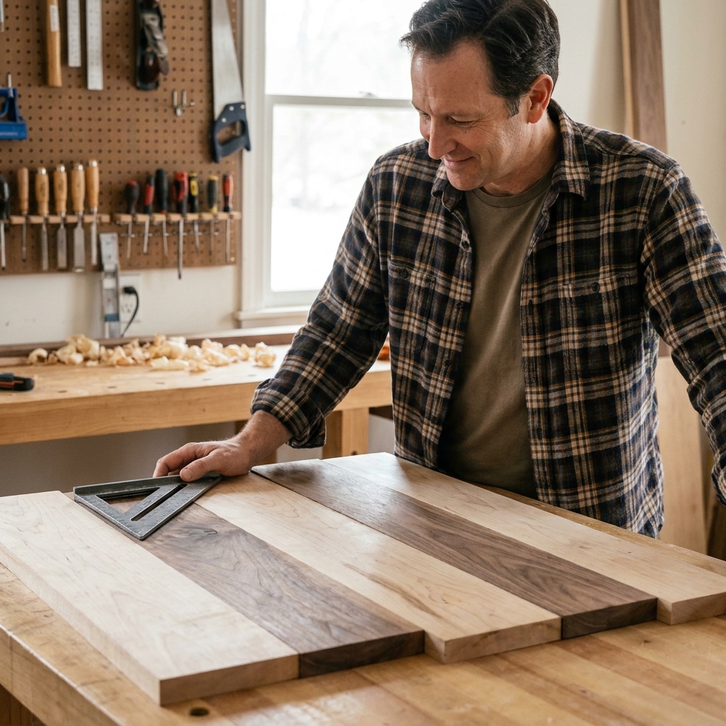 Several maple and walnut boards arranged in a dry fit on a workbench, with the grain patterns aligned and a carpenter’s square nearby