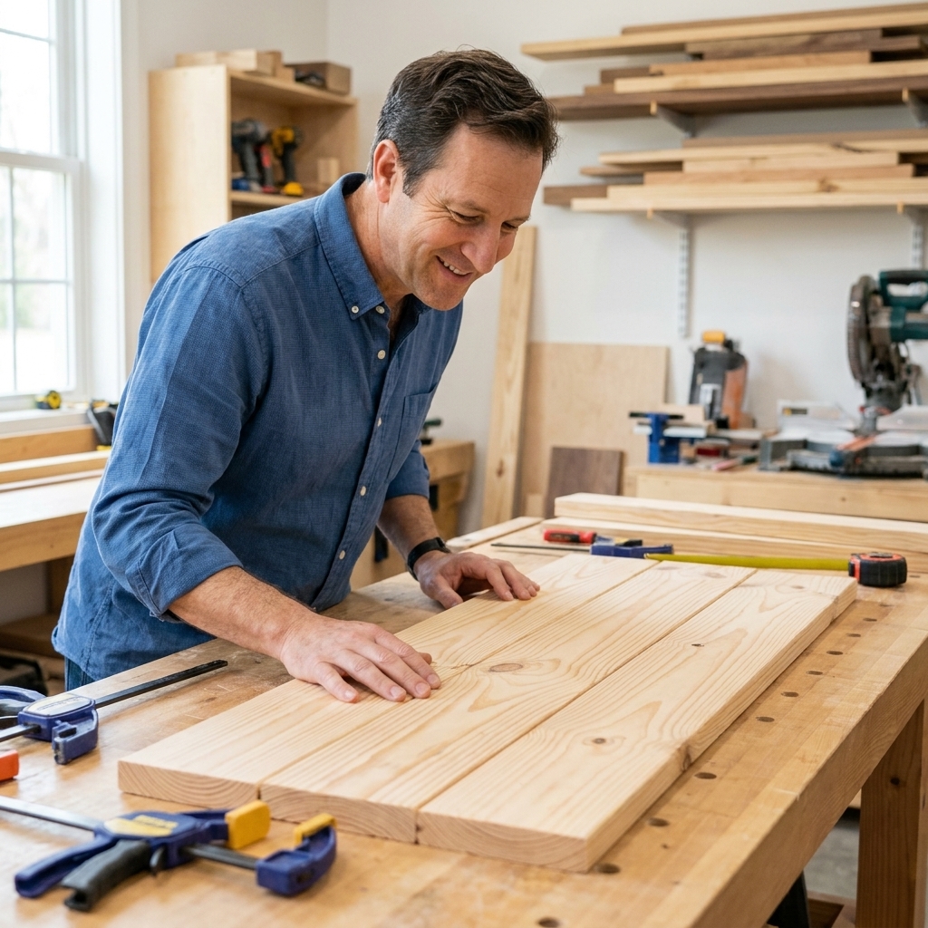 Several pine boards cut to equal length laid side by side on a workbench to form a coffee table top