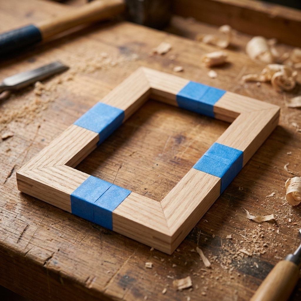 Small wooden picture frame lying face down on a workbench with blue painter’s tape stretched across each miter joint to hold the corners tight