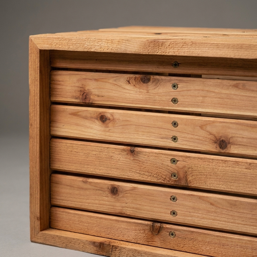 The underside of a cedar planter box showing multiple evenly spaced bottom slats attached with exterior screws