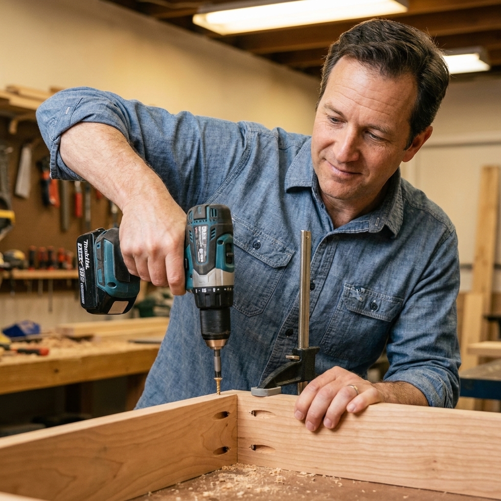 Two boards held flush with a face clamp while a pocket hole screw is driven into the joint