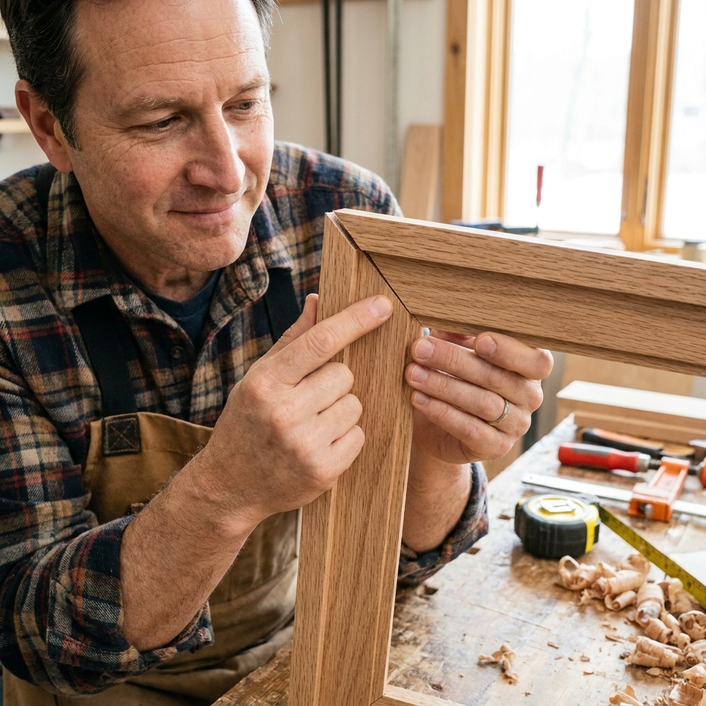 Wooden frame corner on a workbench with the miter cut visible, showing the inside short point and outside long point of the joint